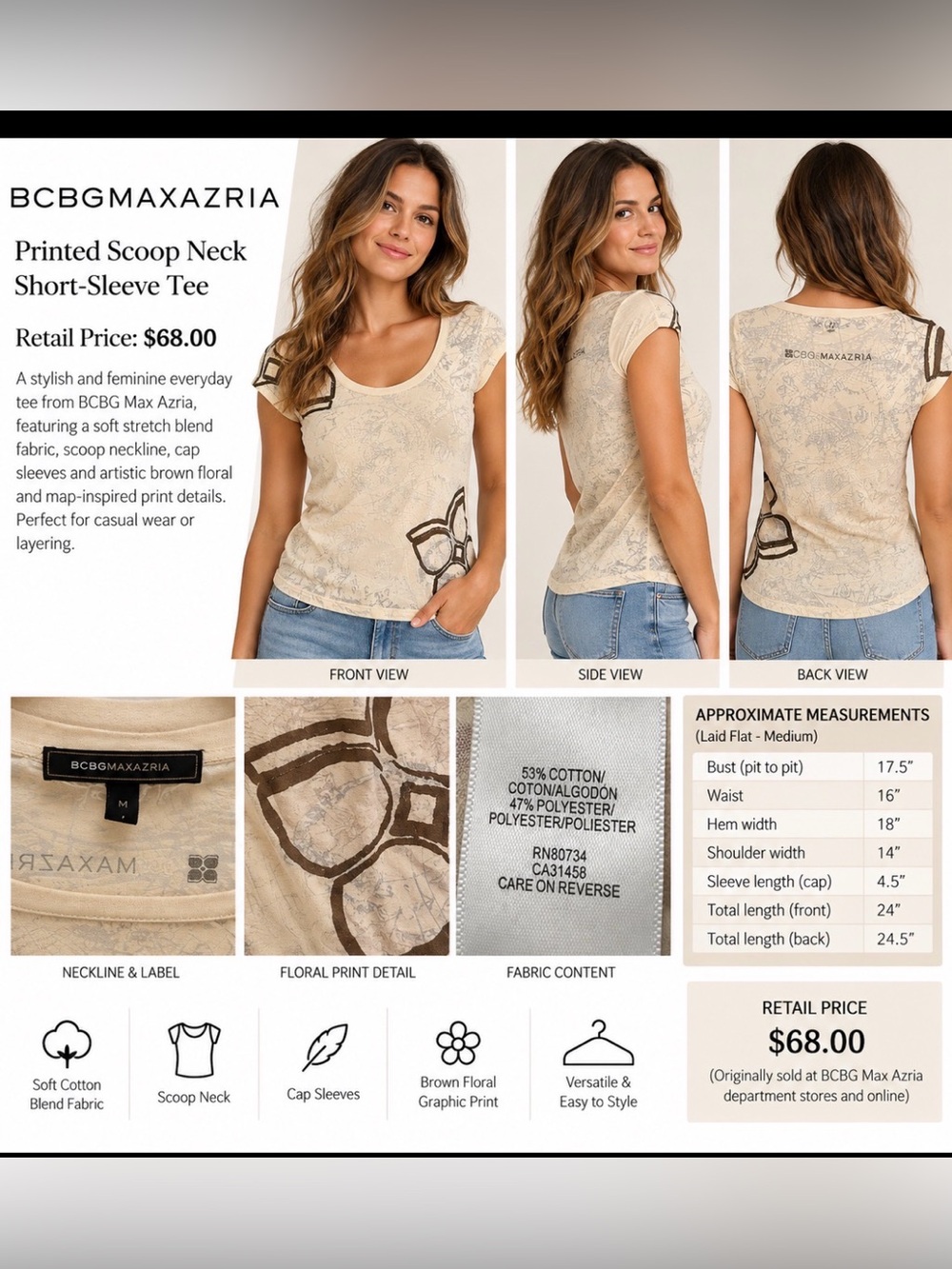 BCBGMaxAzria Scoop Neck Floral and Map - Inspired T - shirt , Size S